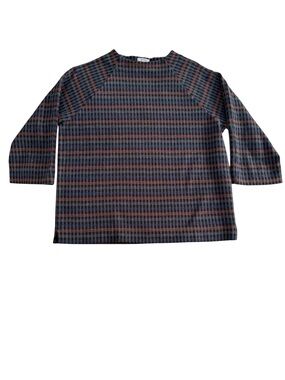 Jigsaw Plaid Check Top Navy Rust Gray 3/4 Sleeve Cotton Medium Portugal